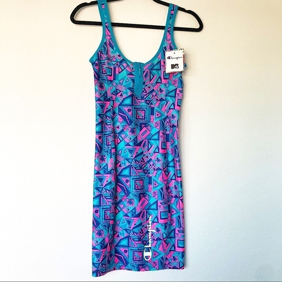Champion Womens MTV Bodycon Dress MultiColor Small‎ Geometric Mini 90’s vibe - Picture 2 of 12